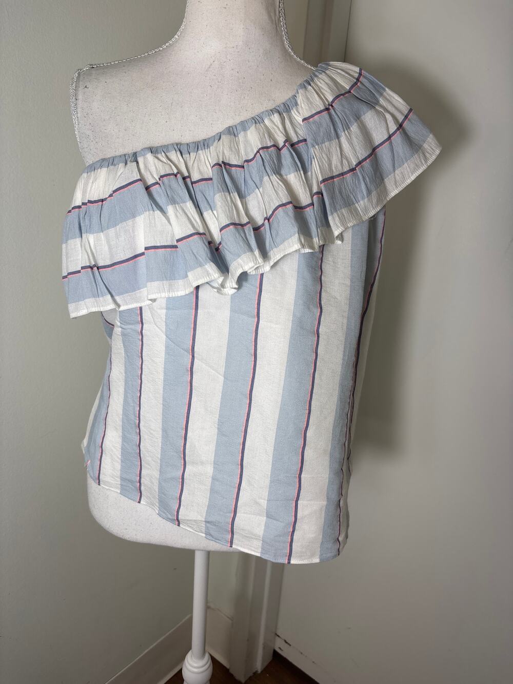 Parker One Ruffle Shoulder Blue and White Stripe Top Sz S